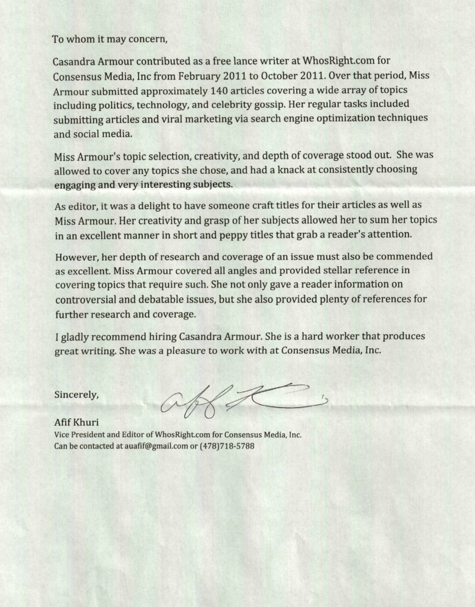 Casandra Armour Recommendation