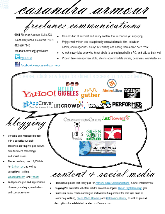 Casandra Armour Artistic Resume 2012