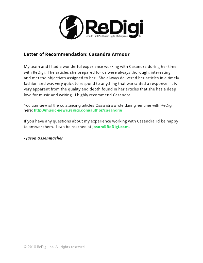 ReDigi Letter of Recommendation